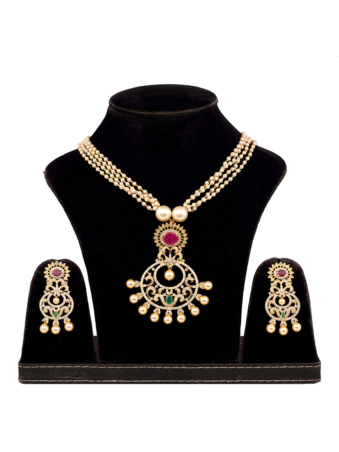 Gold Plated Multi AD and Pearl Studded Chandbali Pendant Necklace and Earrings Set