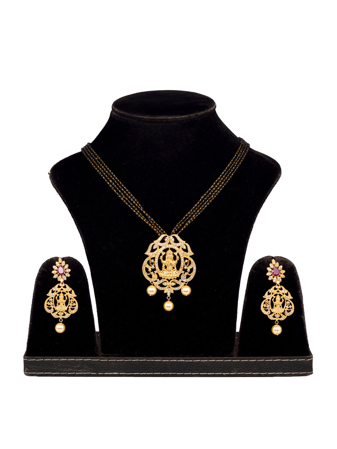 Gold Plated AD Studded Antique Temple Pendant Black Beads mala and Earrings Set