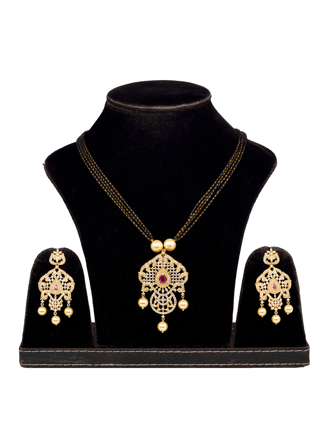 Gold Plated Red AD Studded Traditional Intricate Pendant Necklace Black beads Mala and Earrings