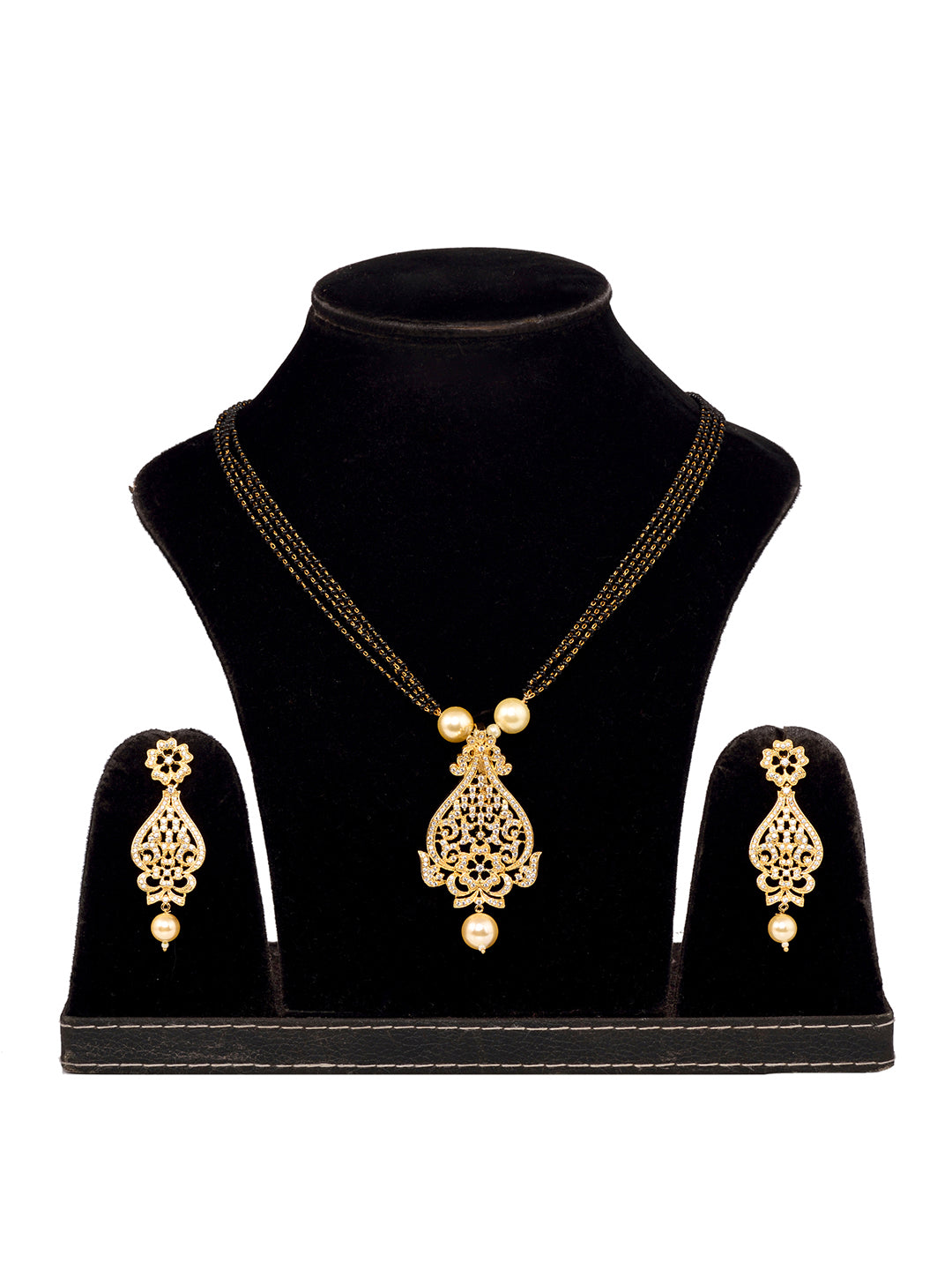 Gold Plated White AD and Pearl studded Antique Pendant Necklace Black Beads Pearl Mala and Earrings