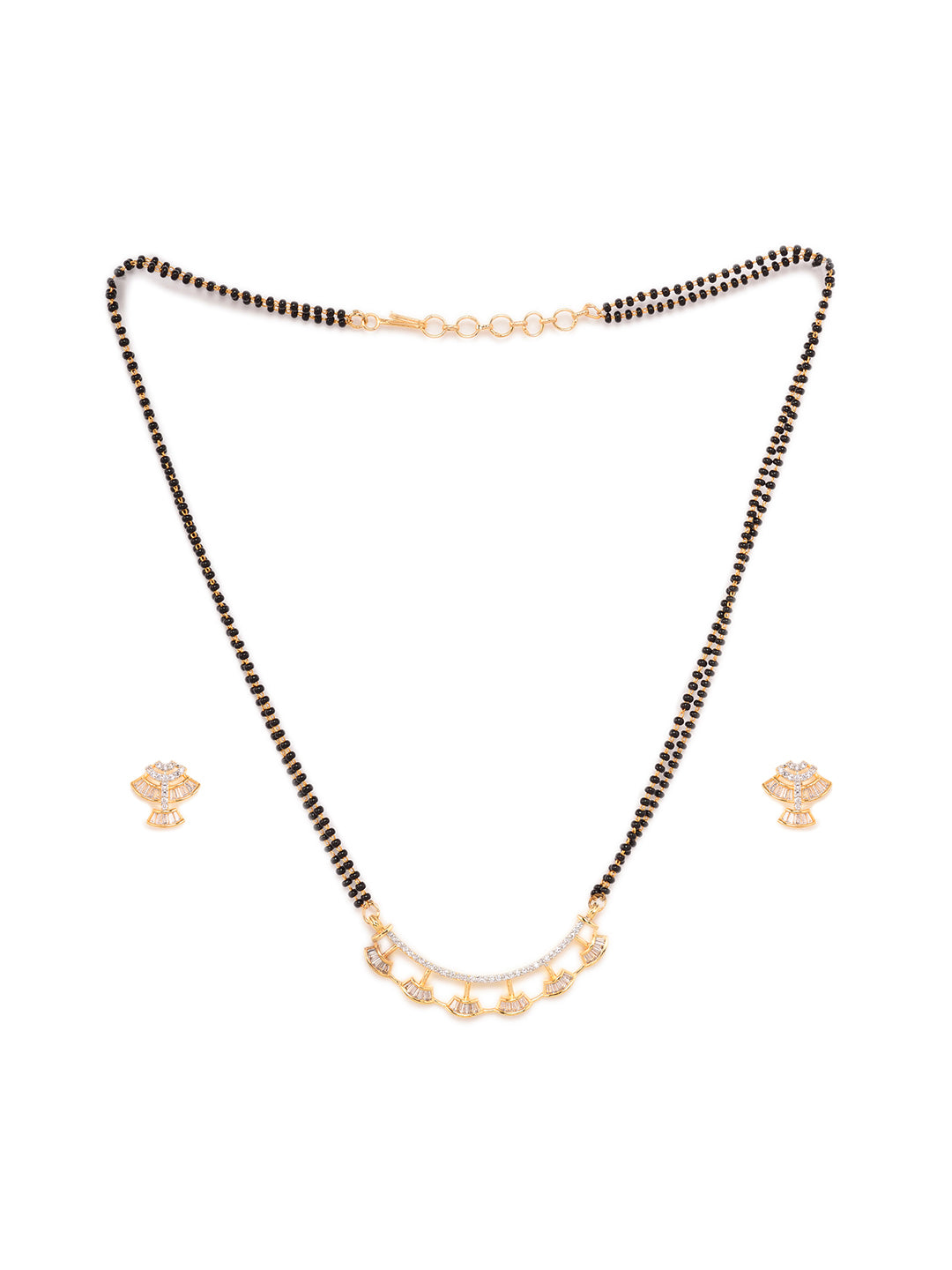 Gold Plated Black Beads AD Studded Mangalsutra Pendant Earrings Set