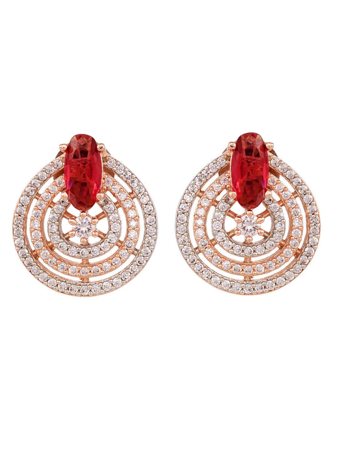 Rose Gold Plated Red and White AD Studded Concentric Studs Earrings