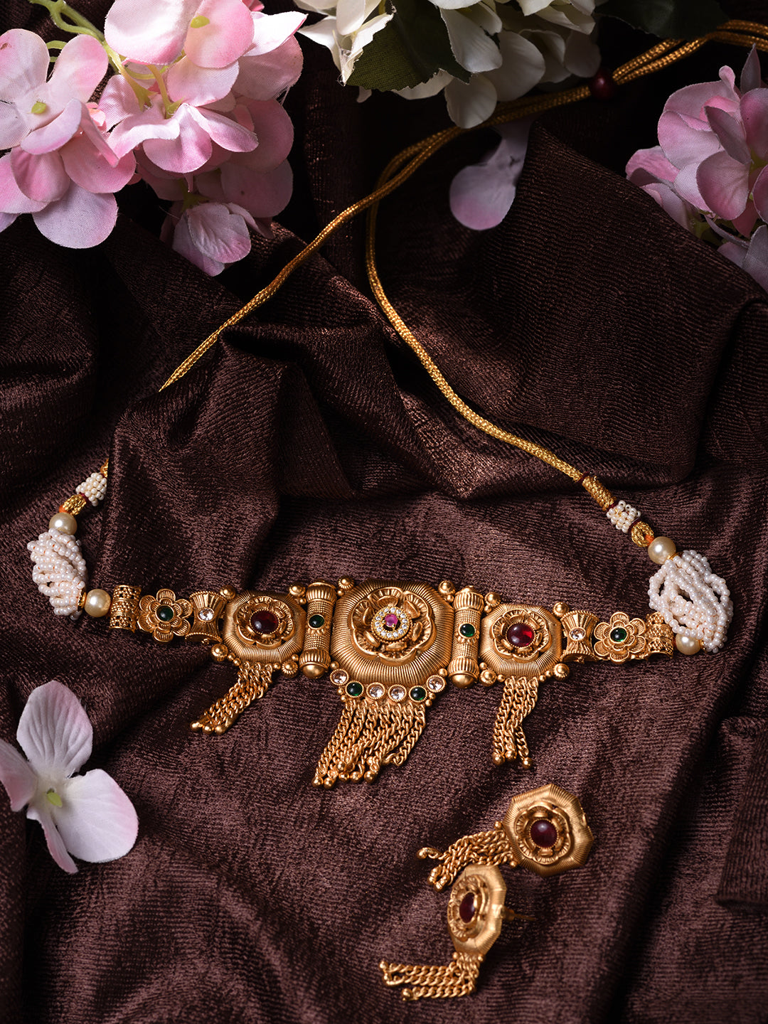 Women GoldPlated Red KempStudded Temple Jewellery Set