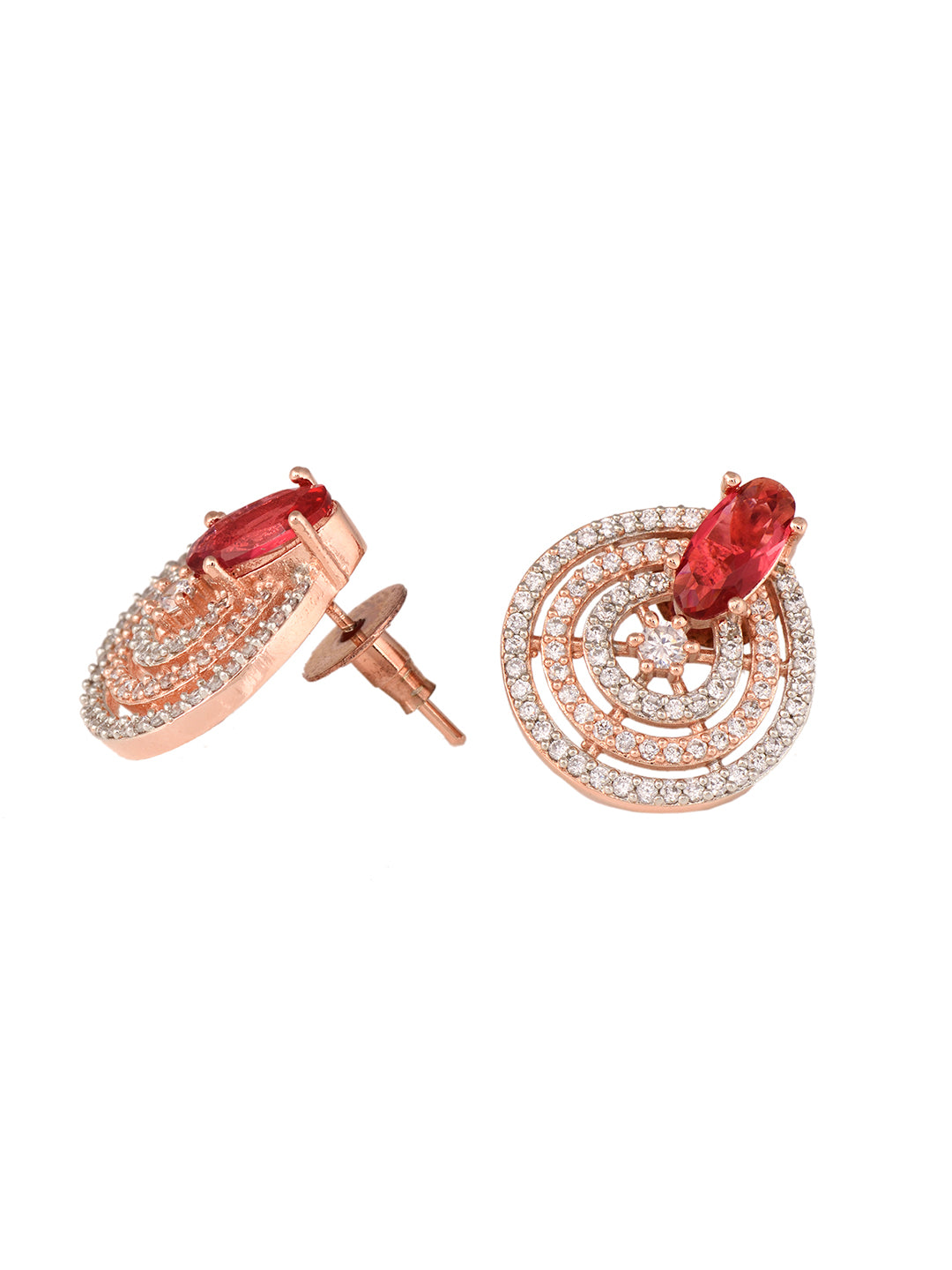 Rose Gold Plated Red and White AD Studded Concentric Studs Earrings