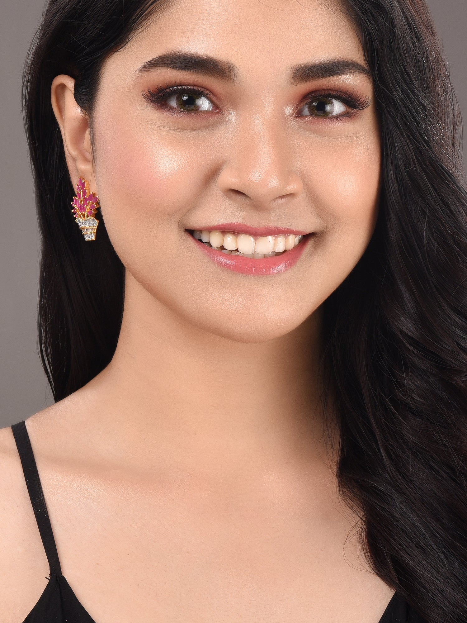 Gold Plated Red AD Studded Flower Bouquet Shaped Stud Earrings