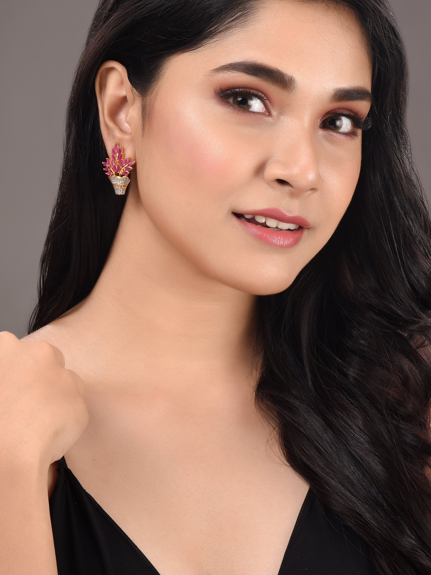 Gold Plated Red AD Studded Flower Bouquet Shaped Stud Earrings