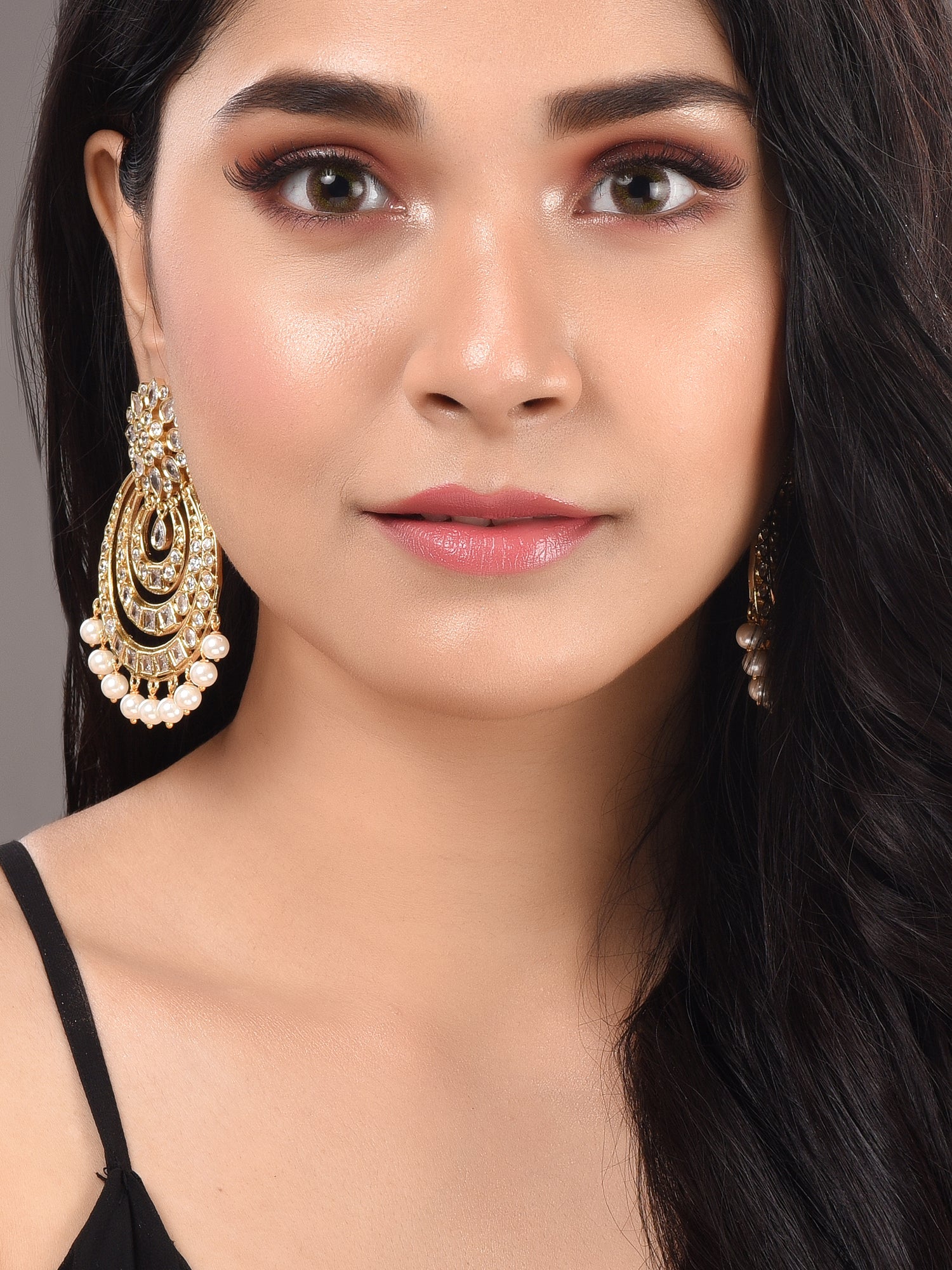 Gold Plated Contemporary Chandbali AD Studded Pearl Drop Earrings