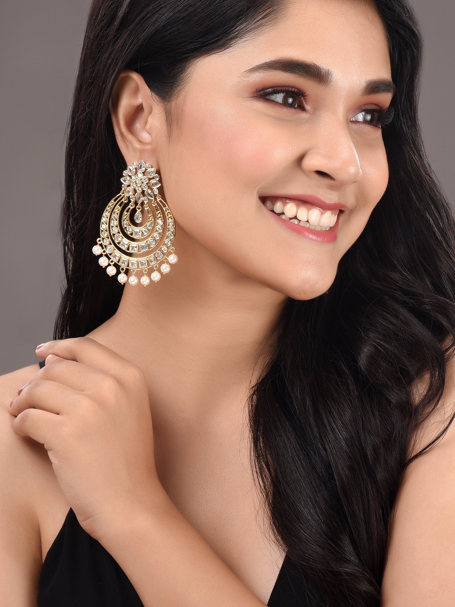 Gold Plated Contemporary Chandbali AD Studded Pearl Drop Earrings