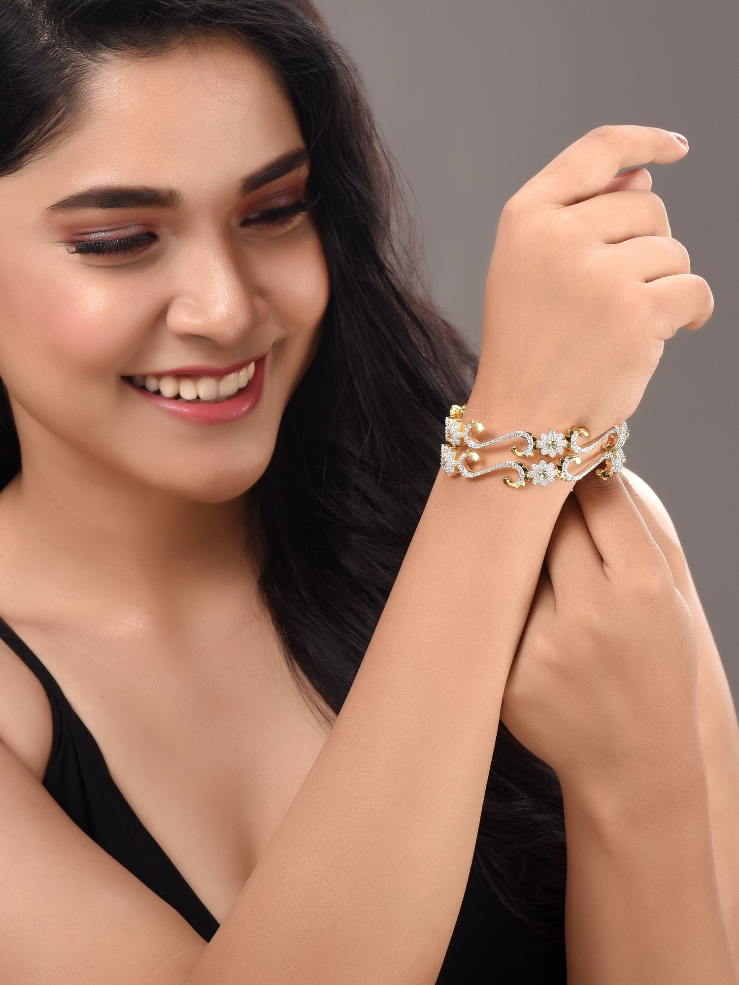 Set of 2 Dual Toned Gold Plated White AD Studded Handcrafted Designer Bangles