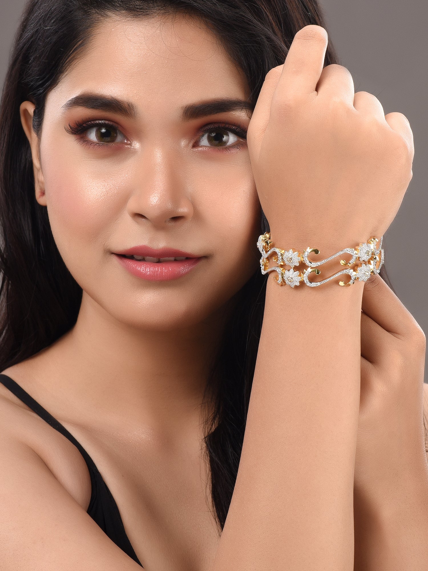 Set of 2 Dual Toned Gold Plated White AD Studded Handcrafted Designer Bangles