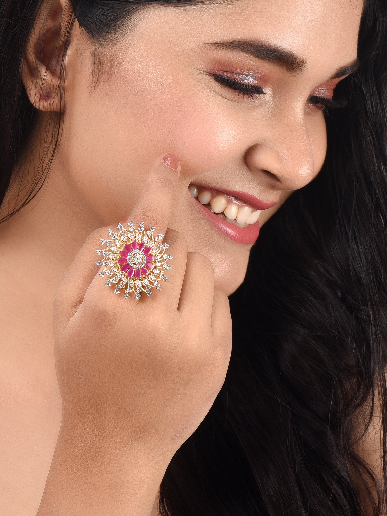 Gold Plated White & Red AD Studded Solar Cocktail Finger Ring