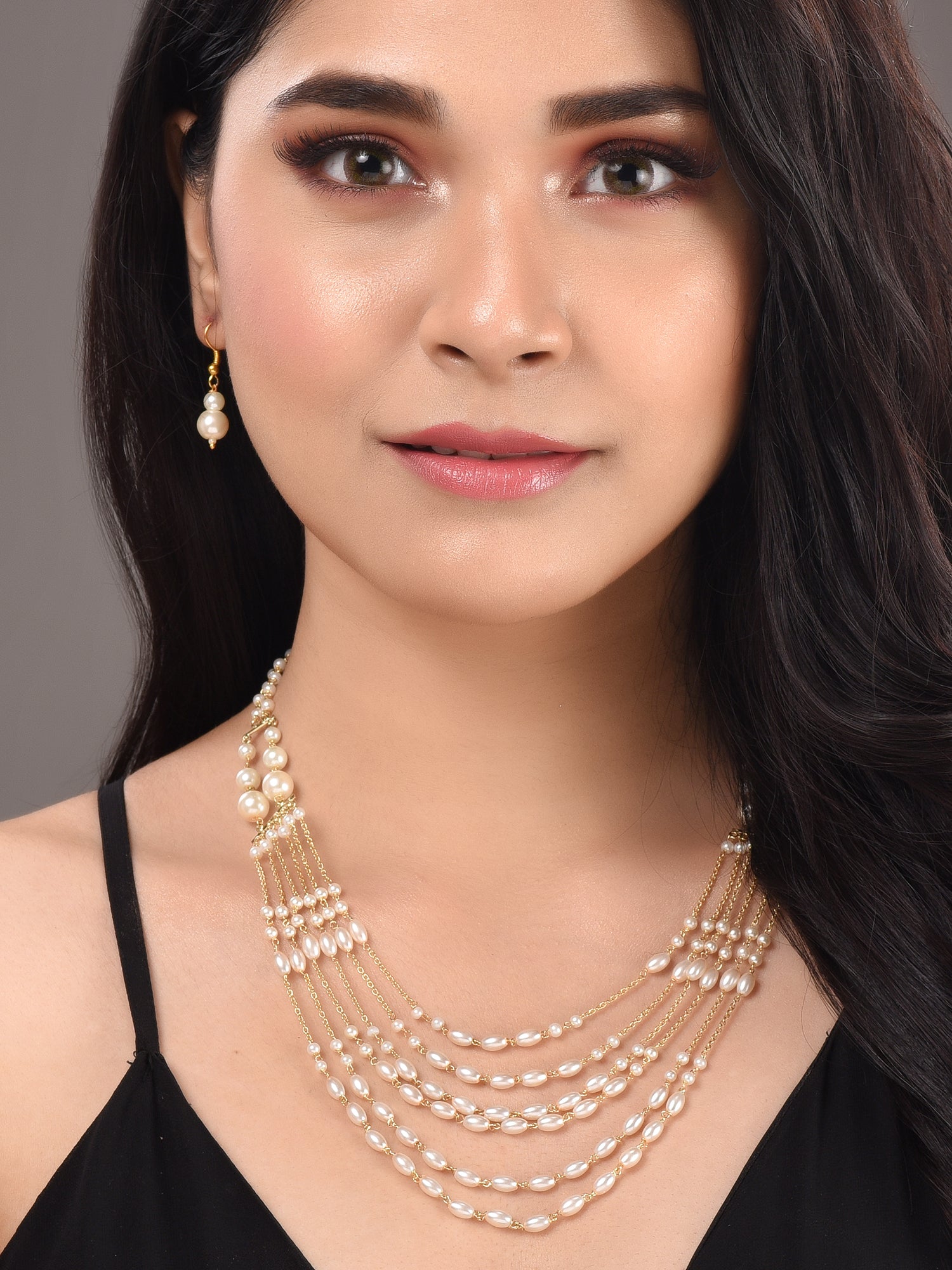 White Pearls Multi Layered Elegant Mala Jewellery Set Dropdown Earrings