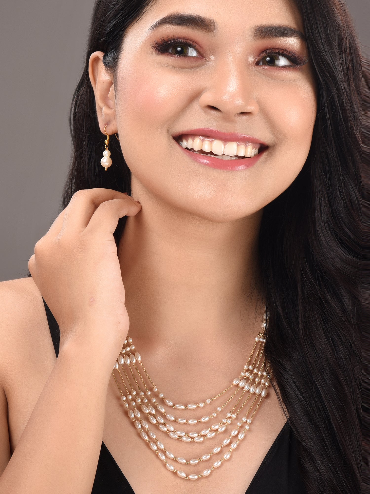 White Pearls Multi Layered Elegant Mala Jewellery Set Dropdown Earrings