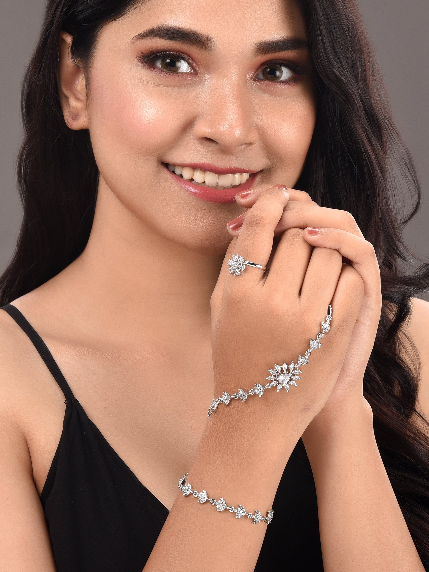 Silver Plated White AD studded Modern Wraparound Ring Bracelet