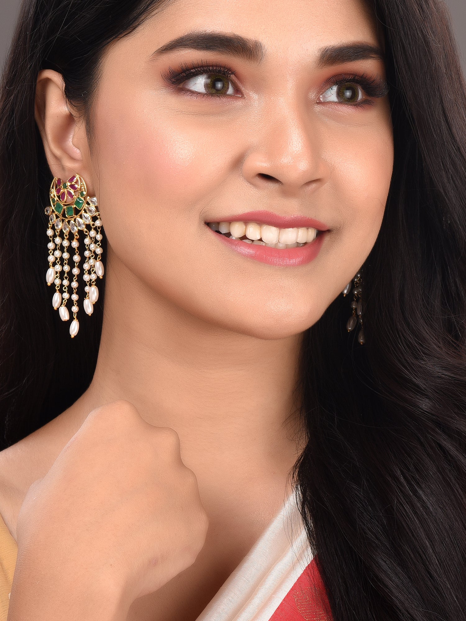 Gold Plated Red & Green AD Studded Crescent Shaped long Pearls Drop Earrings