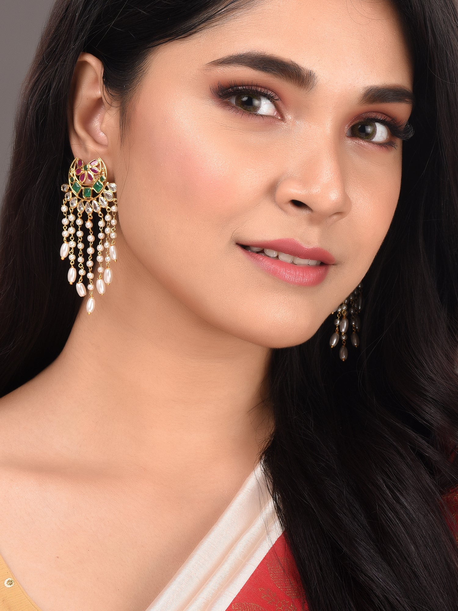 Gold Plated Red & Green AD Studded Crescent Shaped long Pearls Drop Earrings
