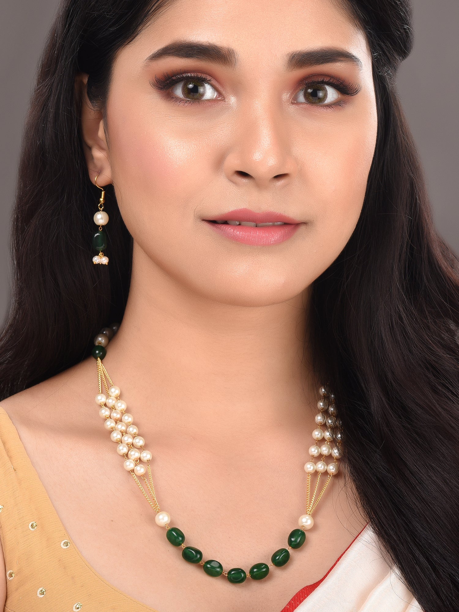 Gold Toned Multi Layered White & Green Pearls Beaded Mala Jewellery Set Earrings