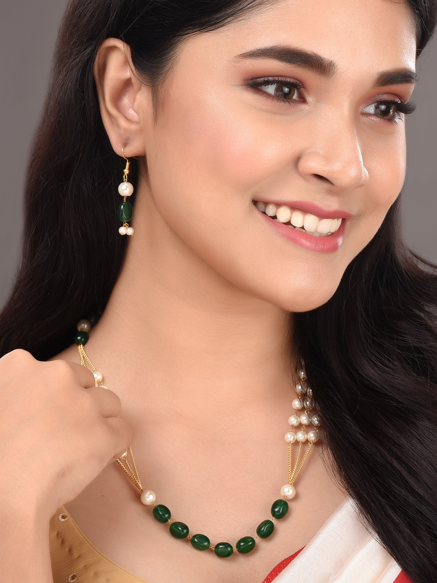 Gold Toned Multi Layered White & Green Pearls Beaded Mala Jewellery Set Earrings