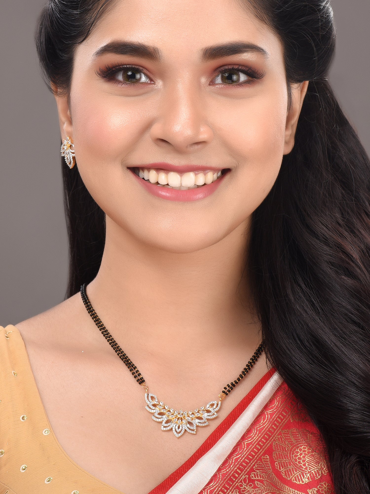 Gold Plated Black & White AD Studded & Beaded Mangalsutra Earrings