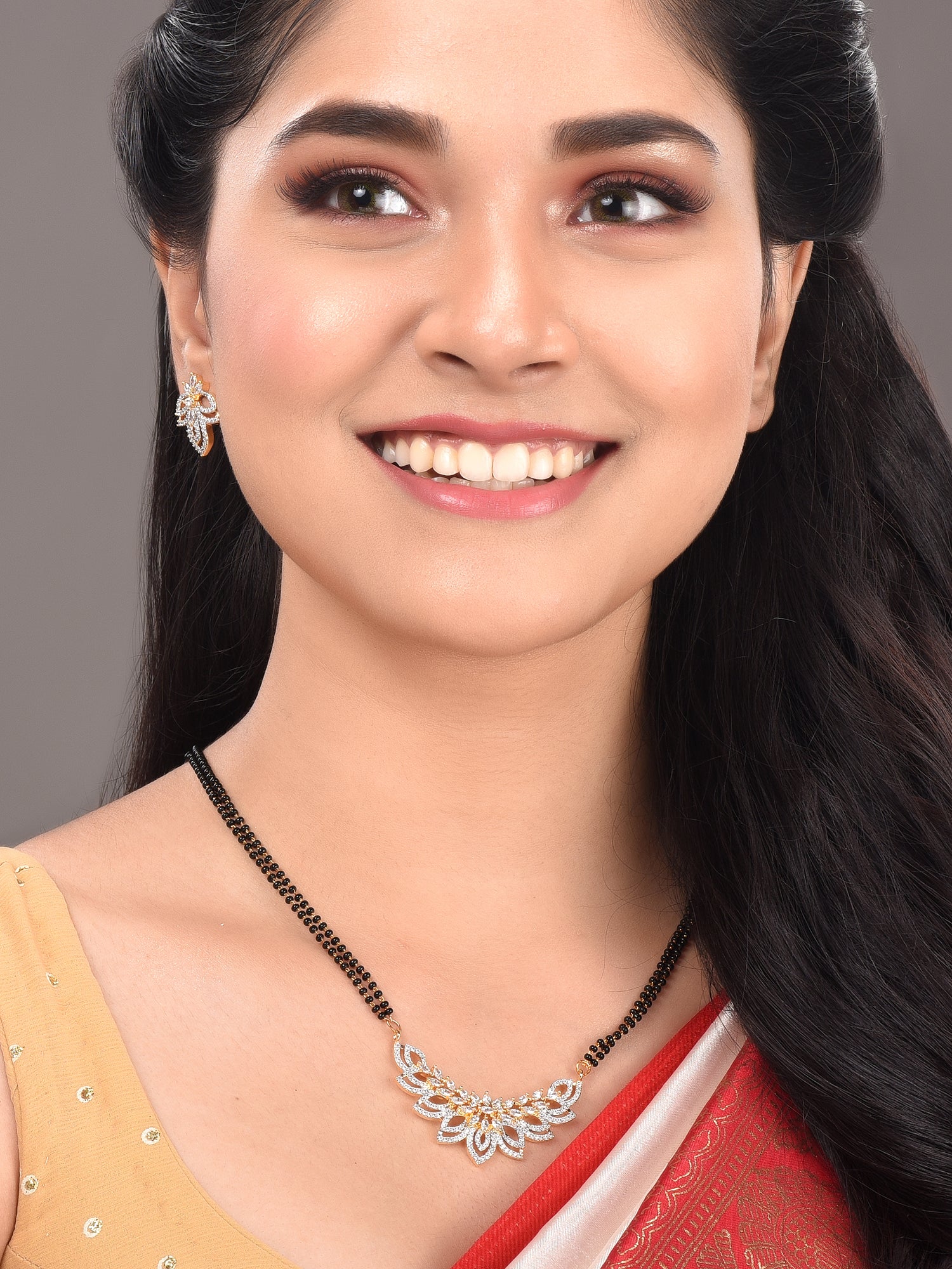 Gold Plated Black & White AD Studded & Beaded Mangalsutra Earrings