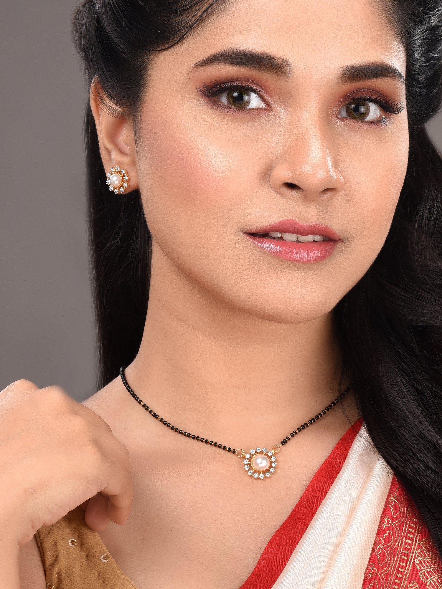 Gold Plated Black & White AD Studded & Beaded Mangalsutra Earrings