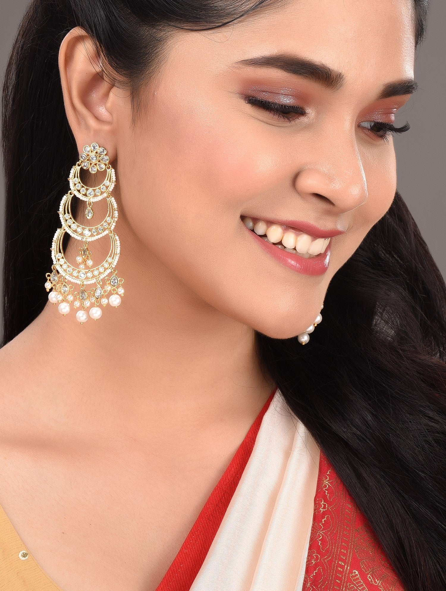 Gold Plated White AD Studded Pearl Drop Contemporary Long Chandbali Earrings