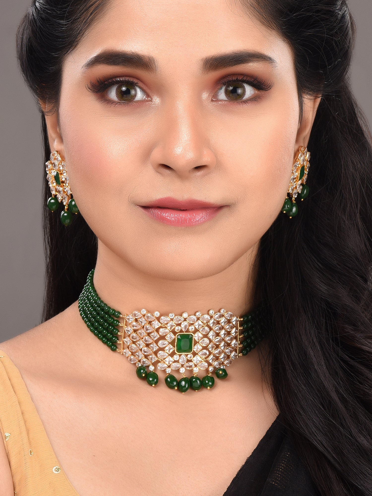 Gold Plated White Polki Green Beads Traditional Choker Jewellery Set