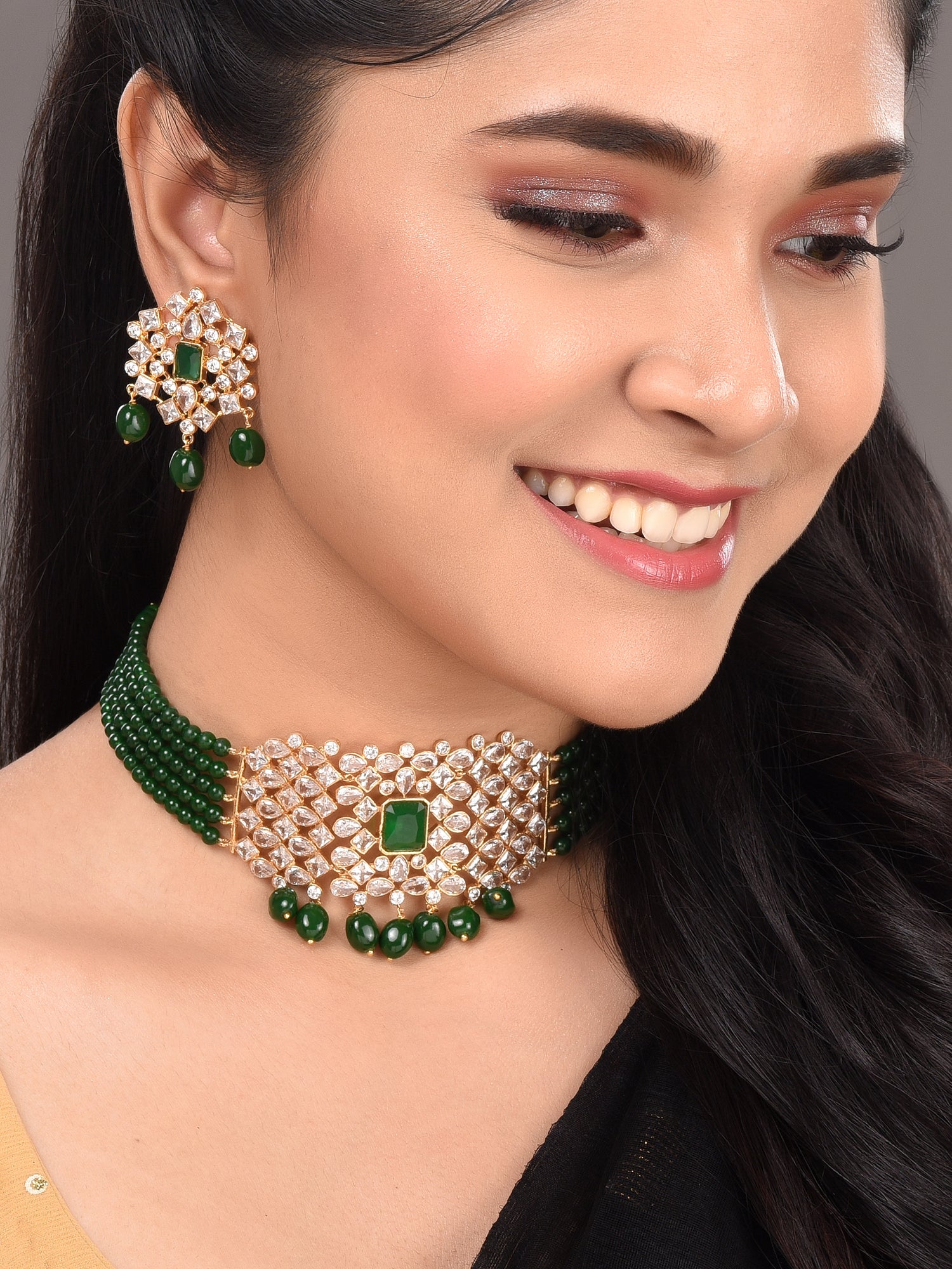Gold Plated White Polki Green Beads Traditional Choker Jewellery Set