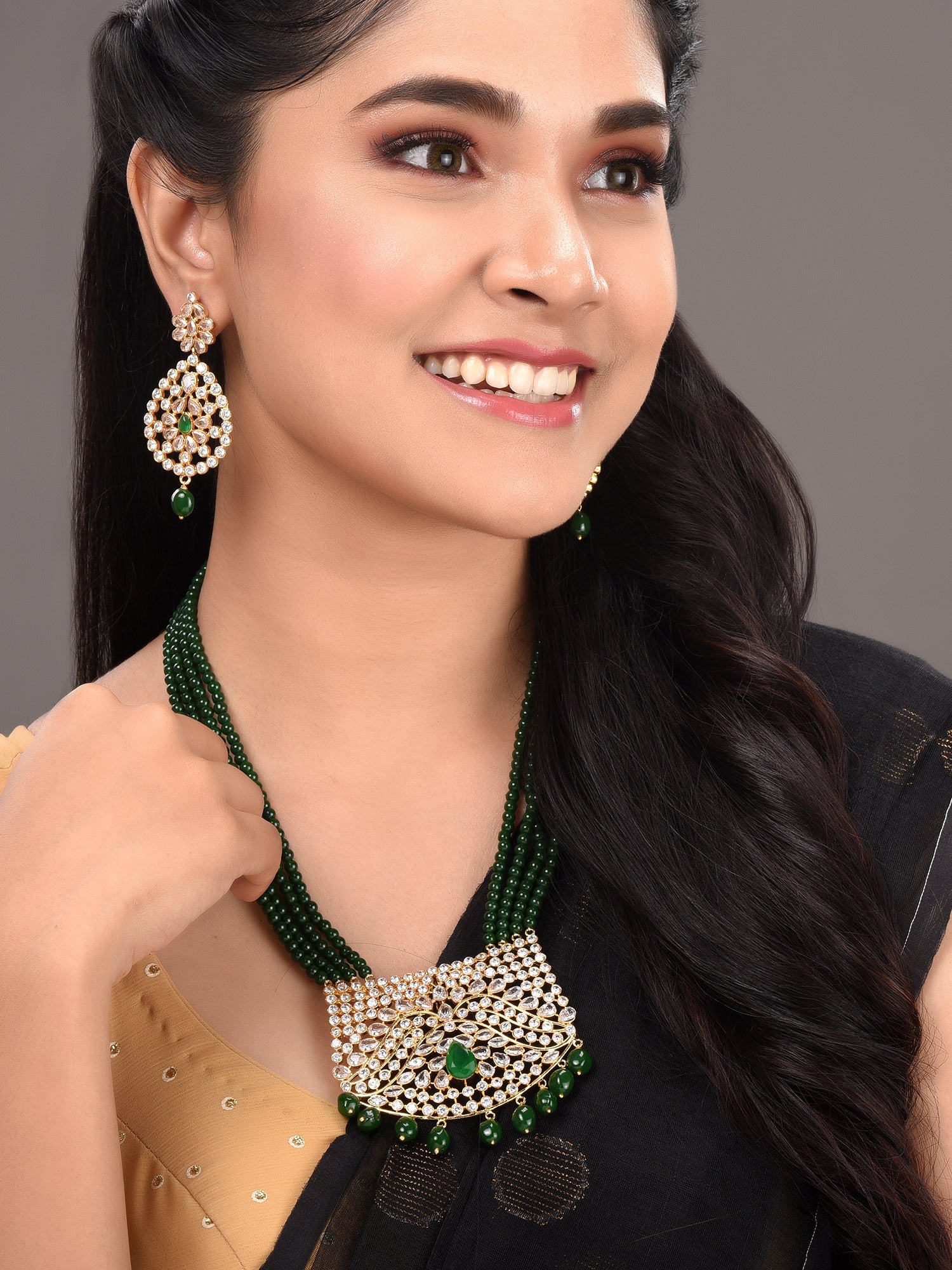 Gold Plated White Polki Green Beads Long Traditional Jewellery Set Dropdown Earrings