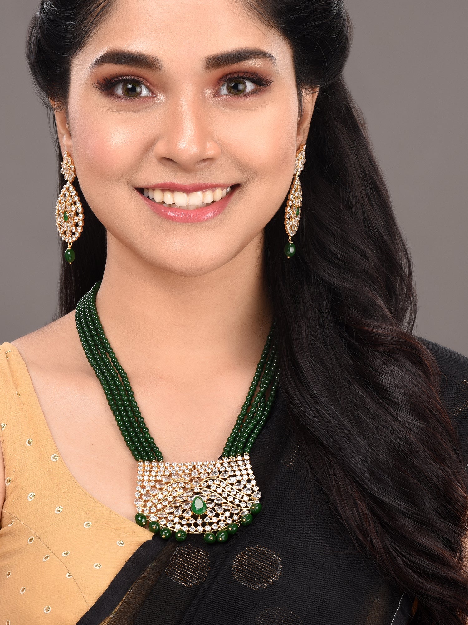 Gold Plated White Polki Green Beads Long Traditional Jewellery Set Dropdown Earrings