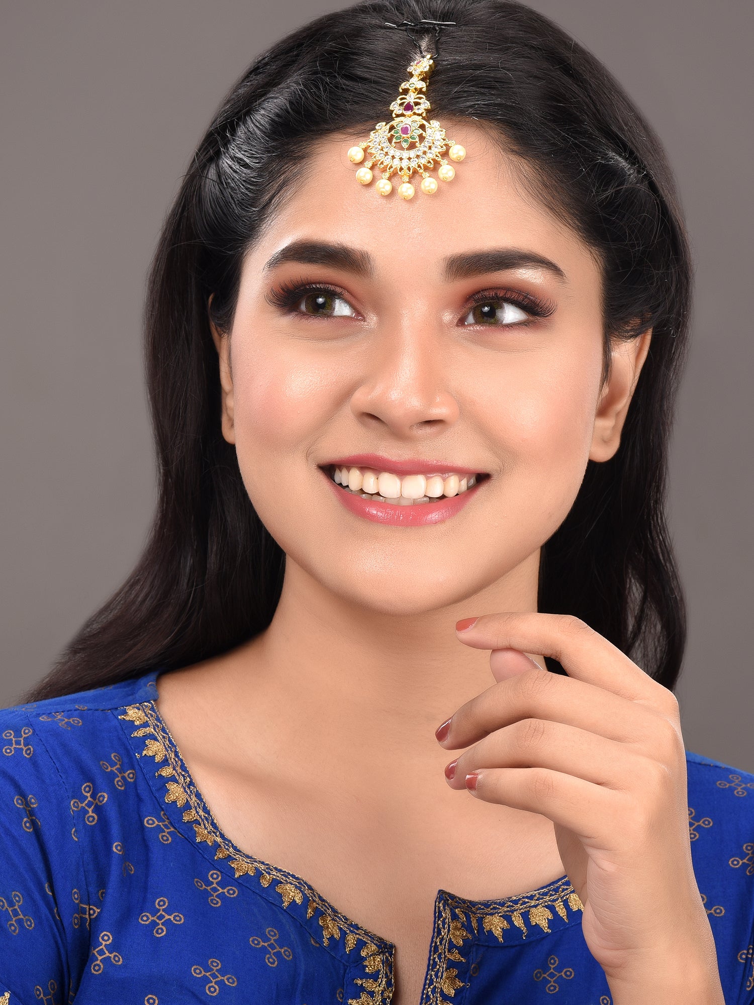 Gold Plated Red & Green AD Studded Pearl Beaded Temple Floral Mangtikka