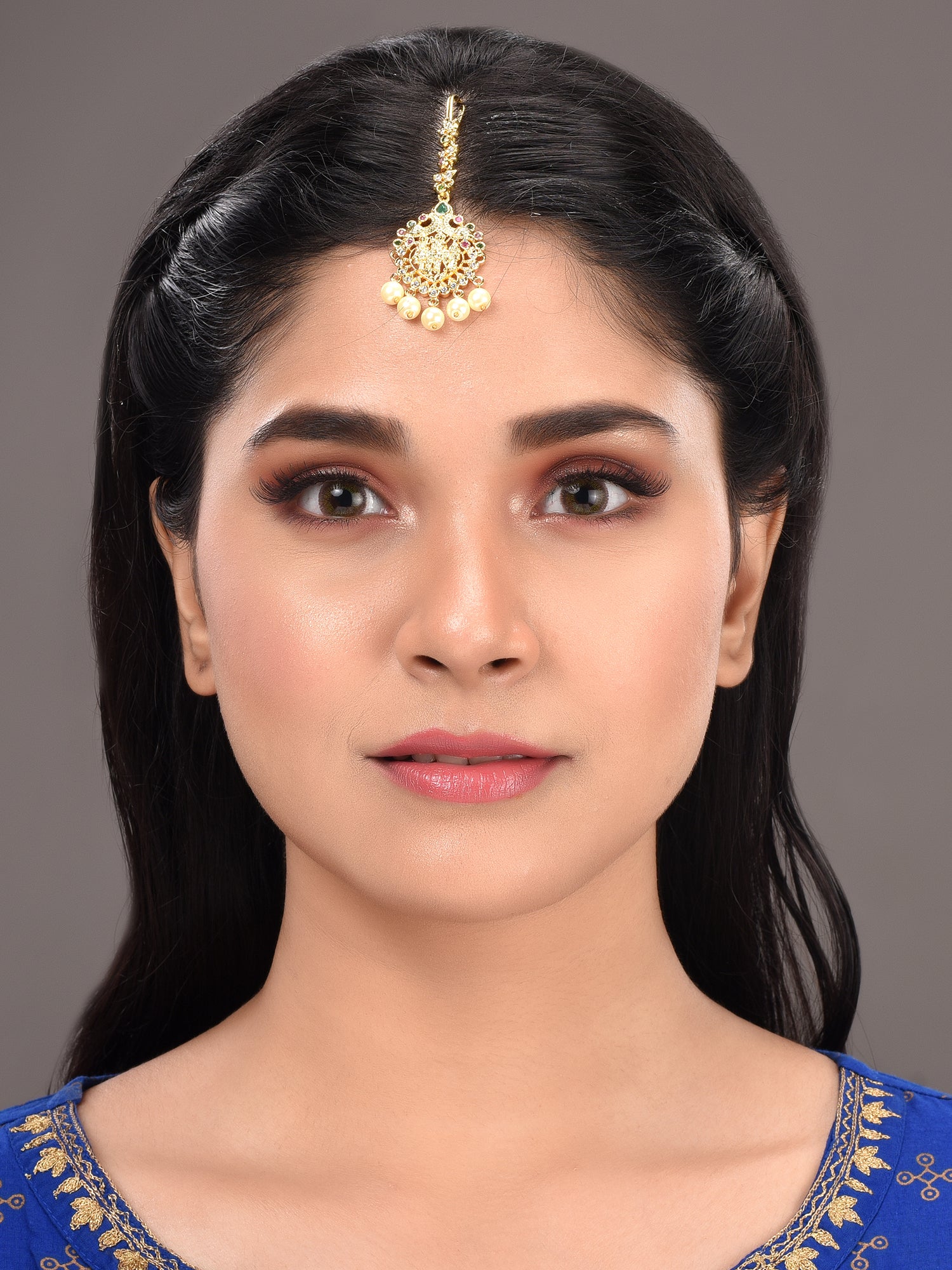 Gold Plated Red Green AD Studded Temple Antique Mangtikka