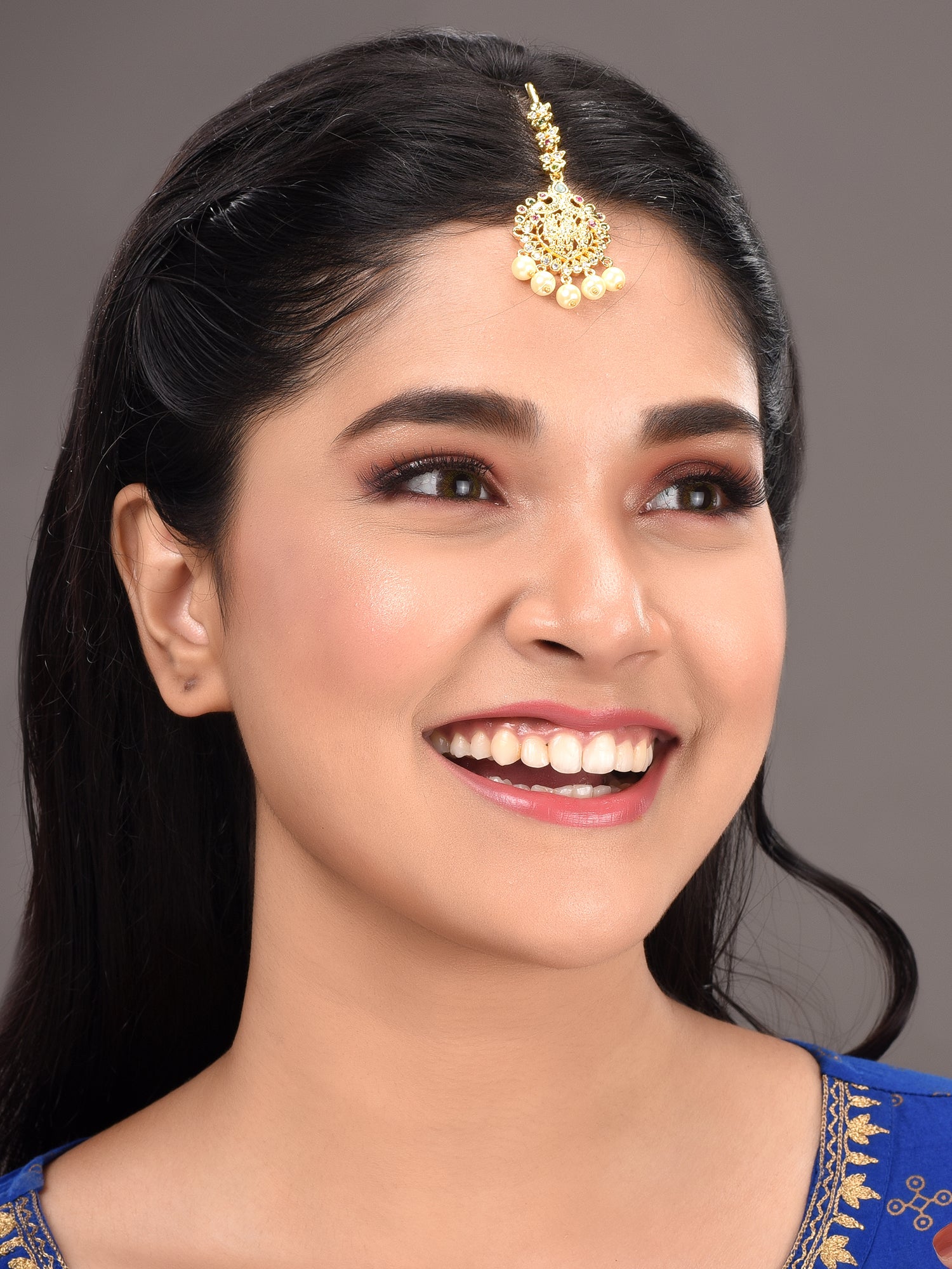 Gold Plated Red Green AD Studded Temple Antique Mangtikka