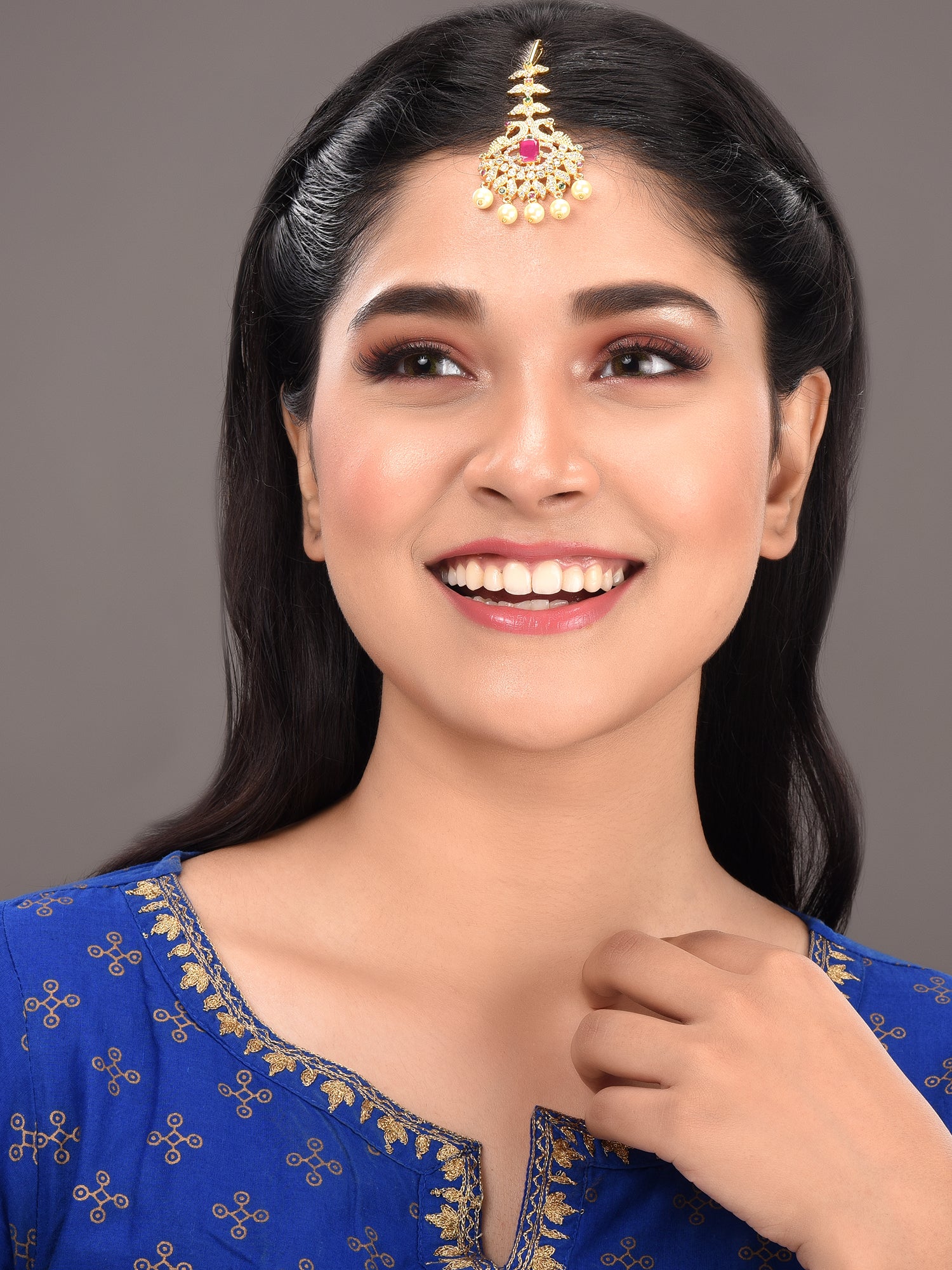 Gold Plated Red AD Studded Pearl Beaded Peacock Mangtikka