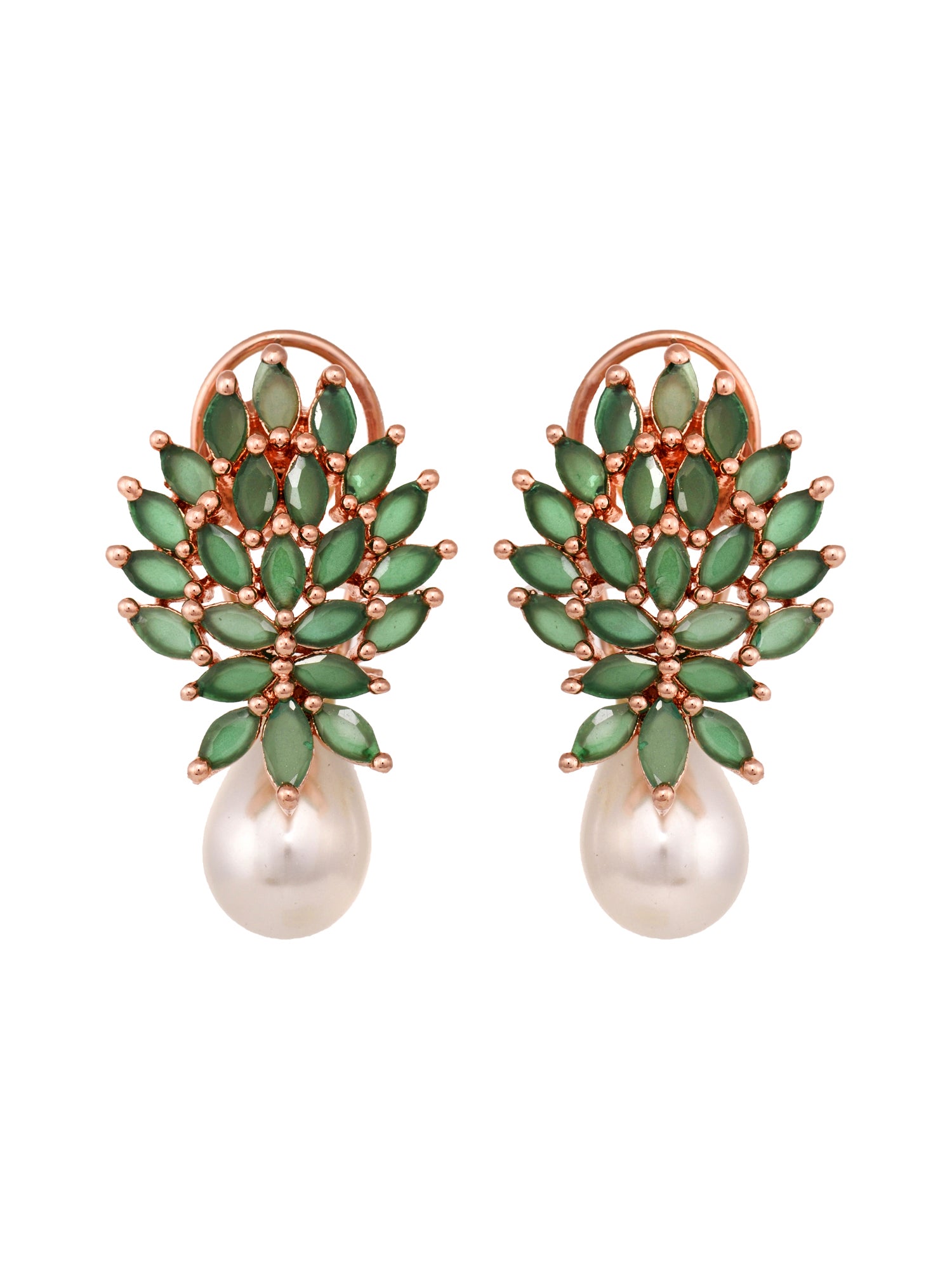 Rose Gold Plated Green AD Studded Luxourios Pearl Drop Earrings