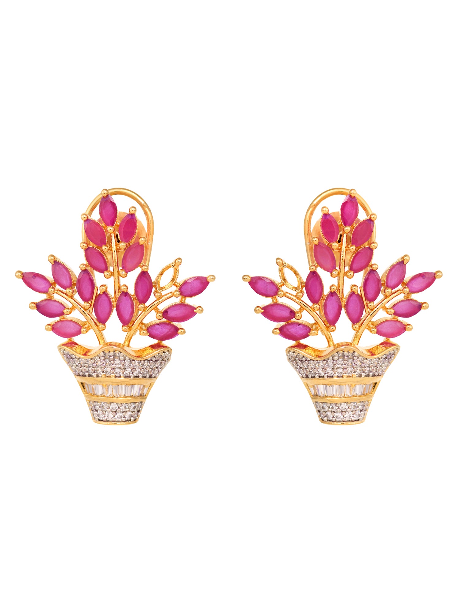 Gold Plated Red AD Studded Flower Bouquet Shaped Stud Earrings
