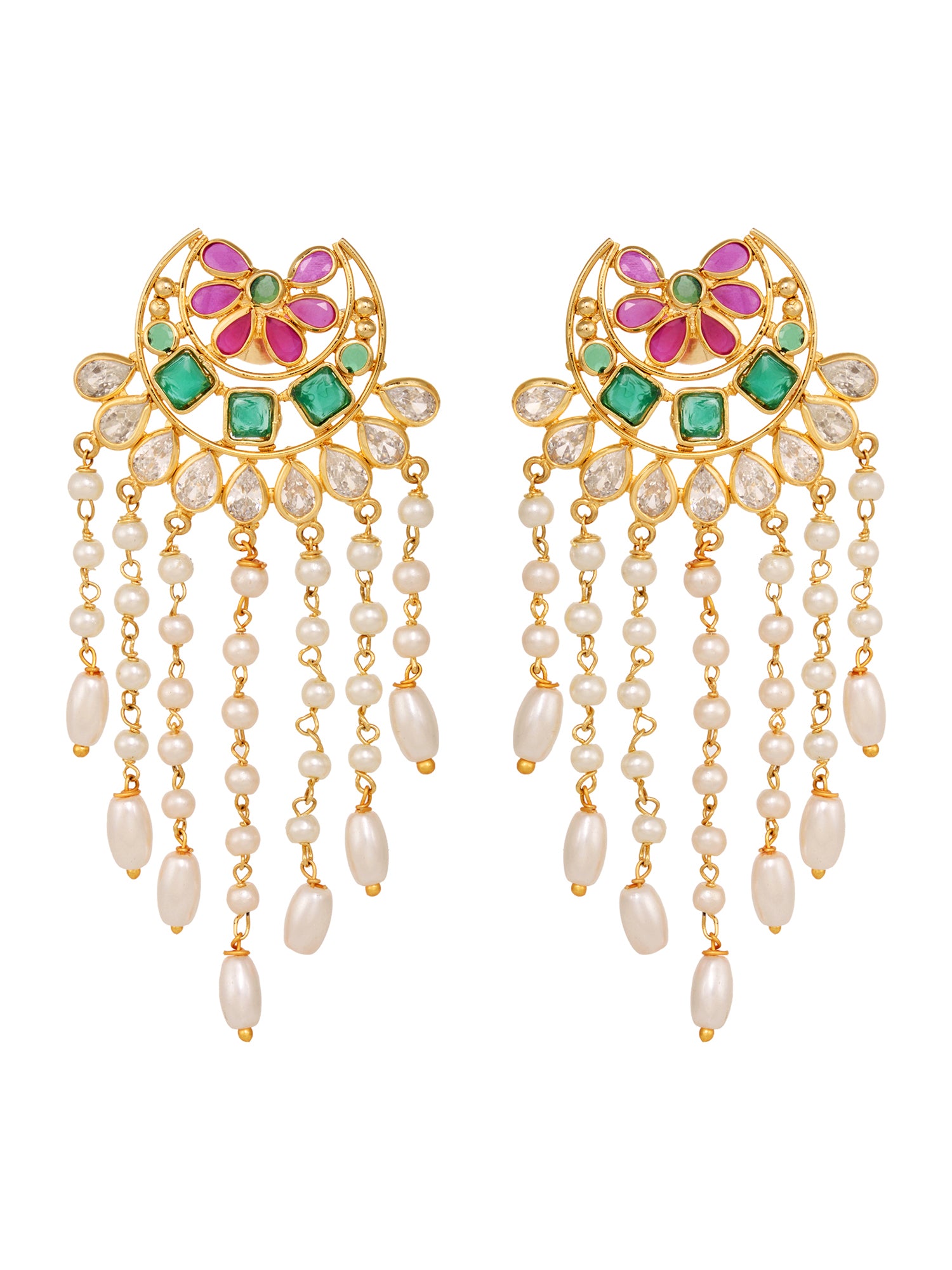 Gold Plated Red & Green AD Studded Crescent Shaped long Pearls Drop Earrings