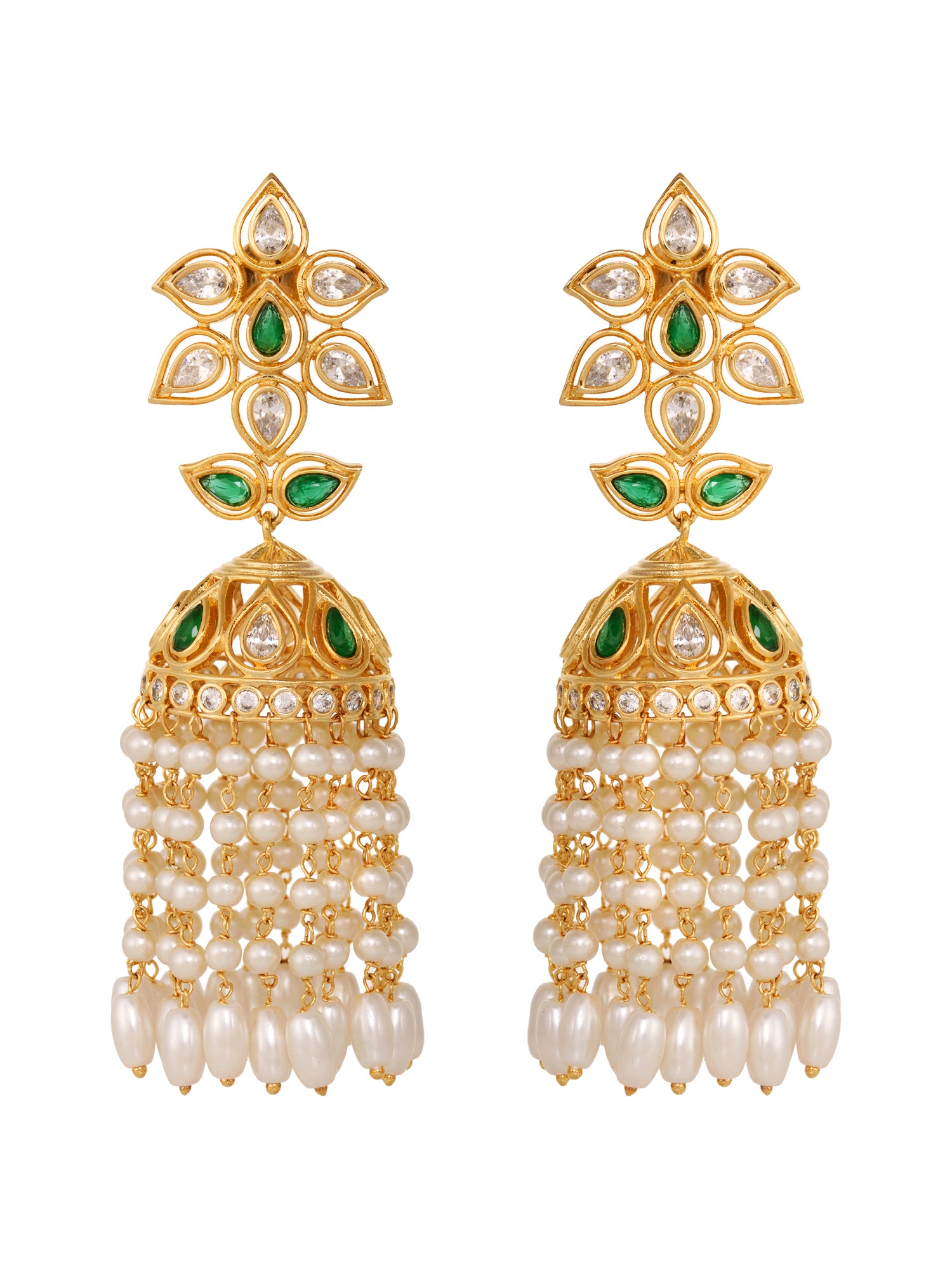 Gold Plated Green AD Studded Contemporary Pearl Drop Jhumki Earrings
