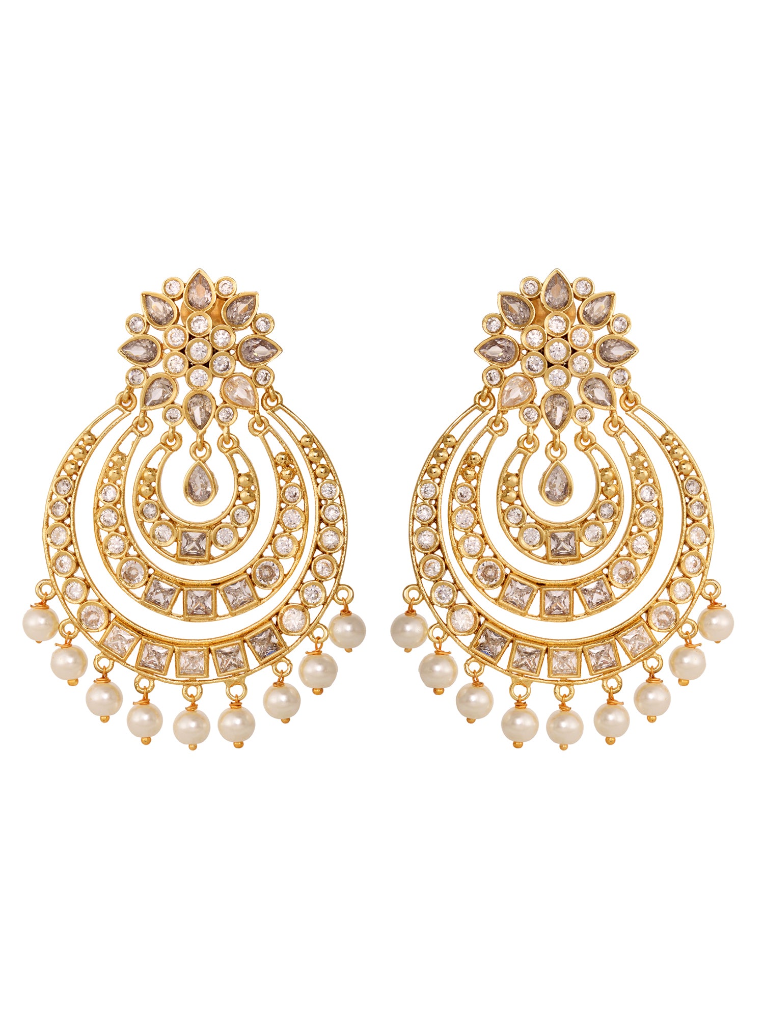 Gold Plated Contemporary Chandbali AD Studded Pearl Drop Earrings