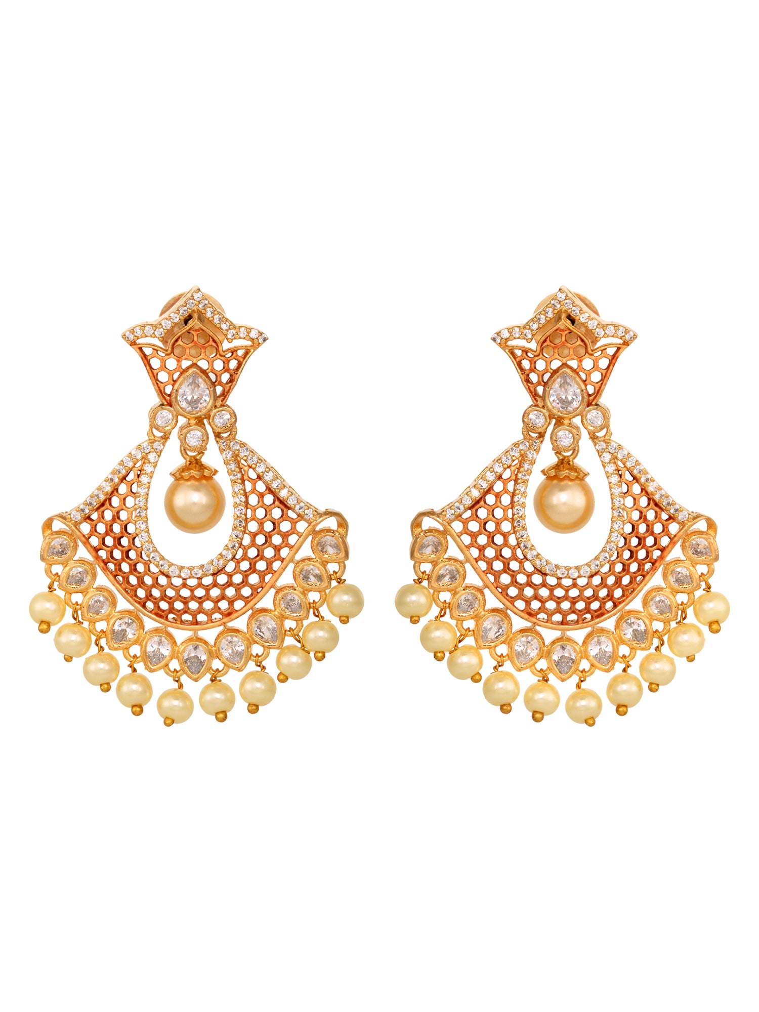 Rose Gold Plated AD Studded Modern Chandbali Pearl Drop Earrings
