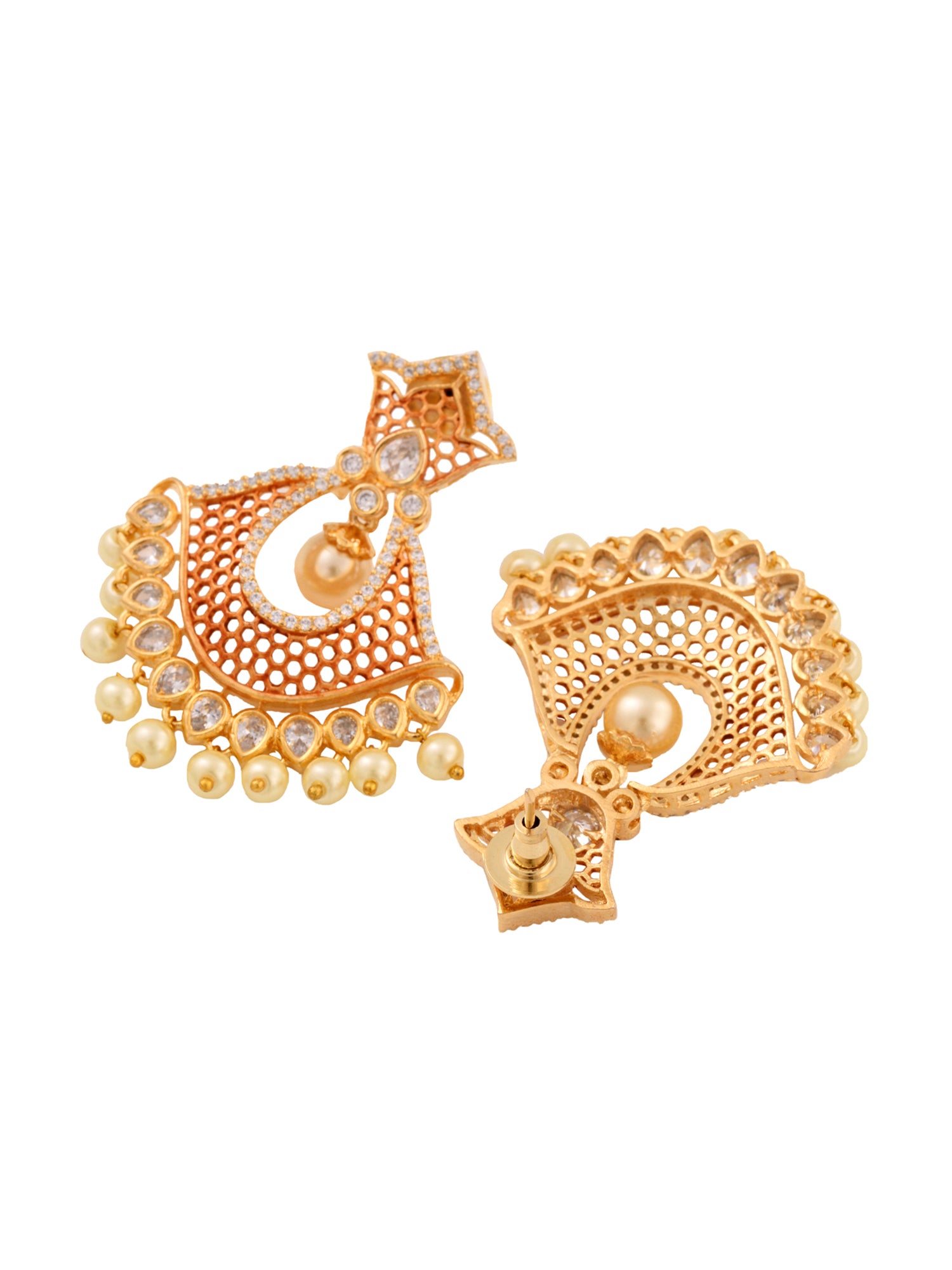 Rose Gold Plated AD Studded Modern Chandbali Pearl Drop Earrings