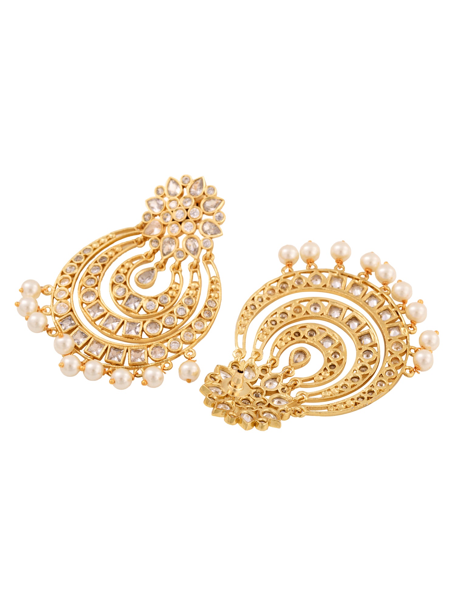 Gold Plated Contemporary Chandbali AD Studded Pearl Drop Earrings