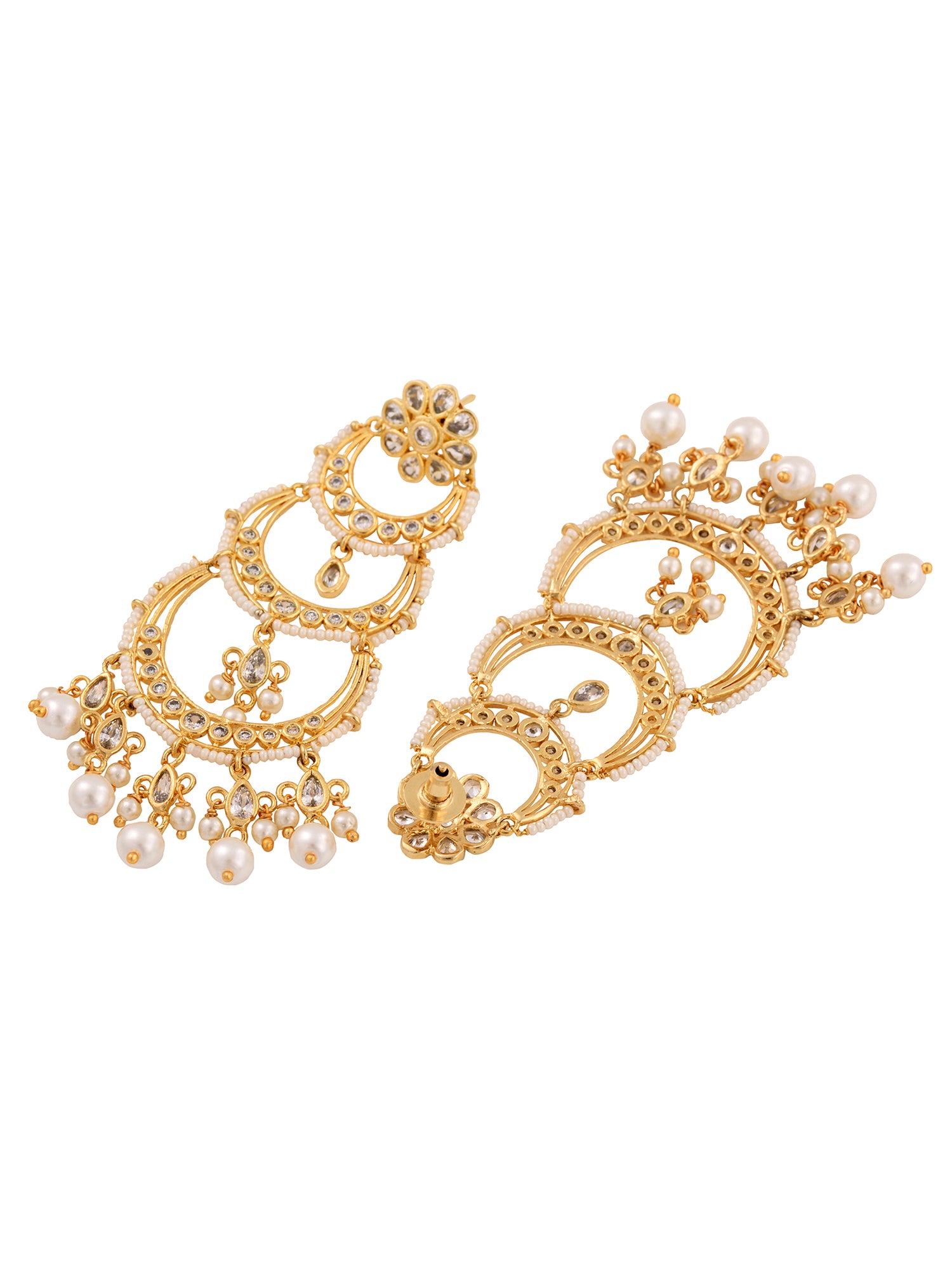 Gold Plated White AD Studded Pearl Drop Contemporary Long Chandbali Earrings