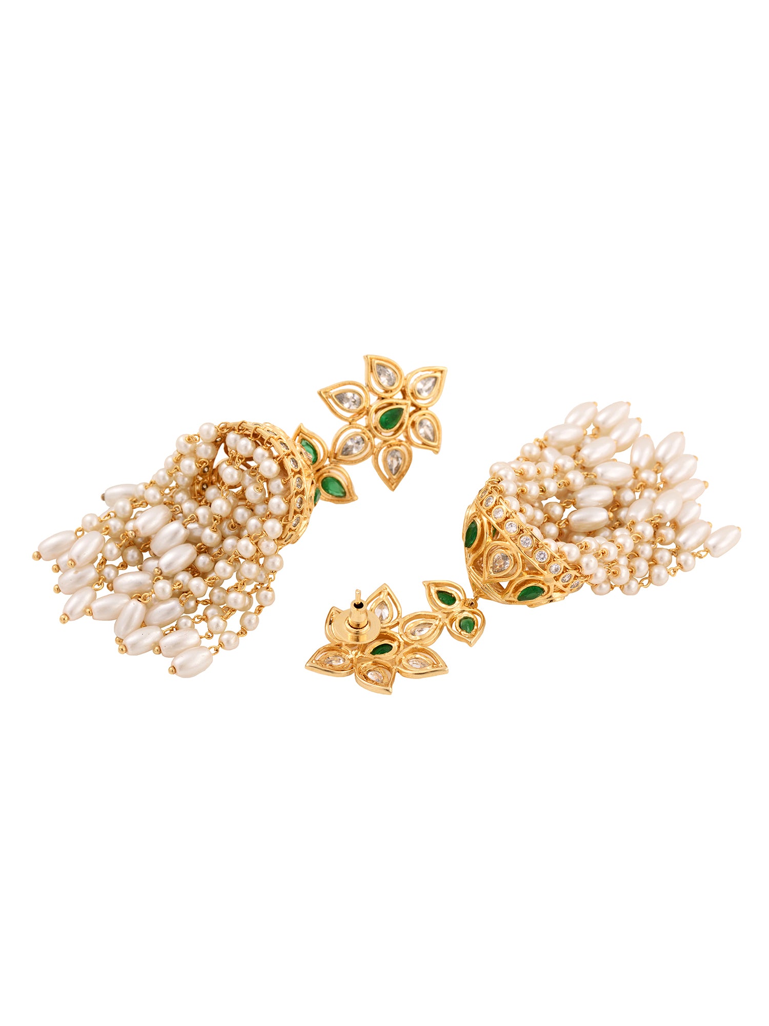 Gold Plated Green AD Studded Contemporary Pearl Drop Jhumki Earrings