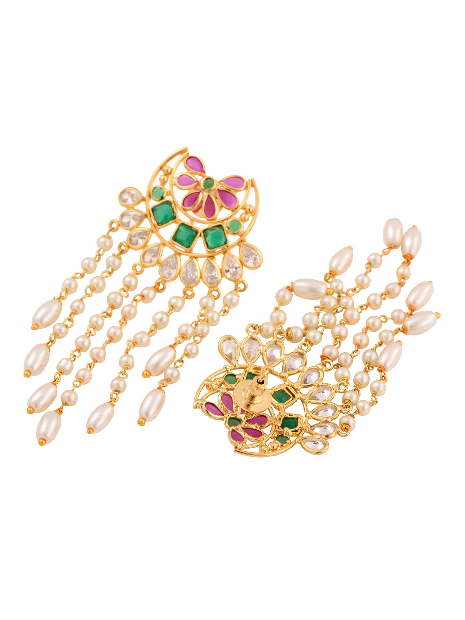 Gold Plated Red & Green AD Studded Crescent Shaped long Pearls Drop Earrings