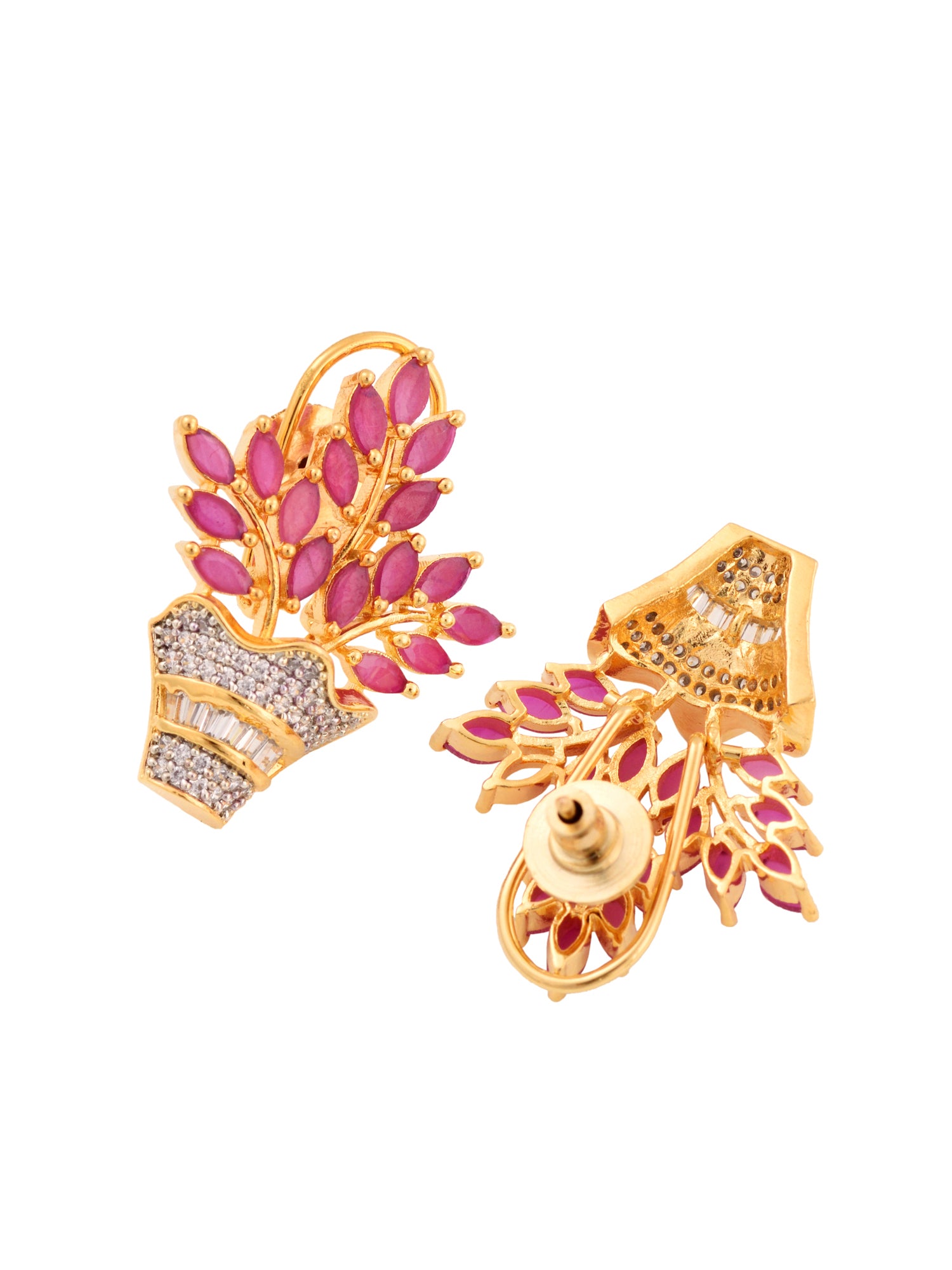 Gold Plated Red AD Studded Flower Bouquet Shaped Stud Earrings