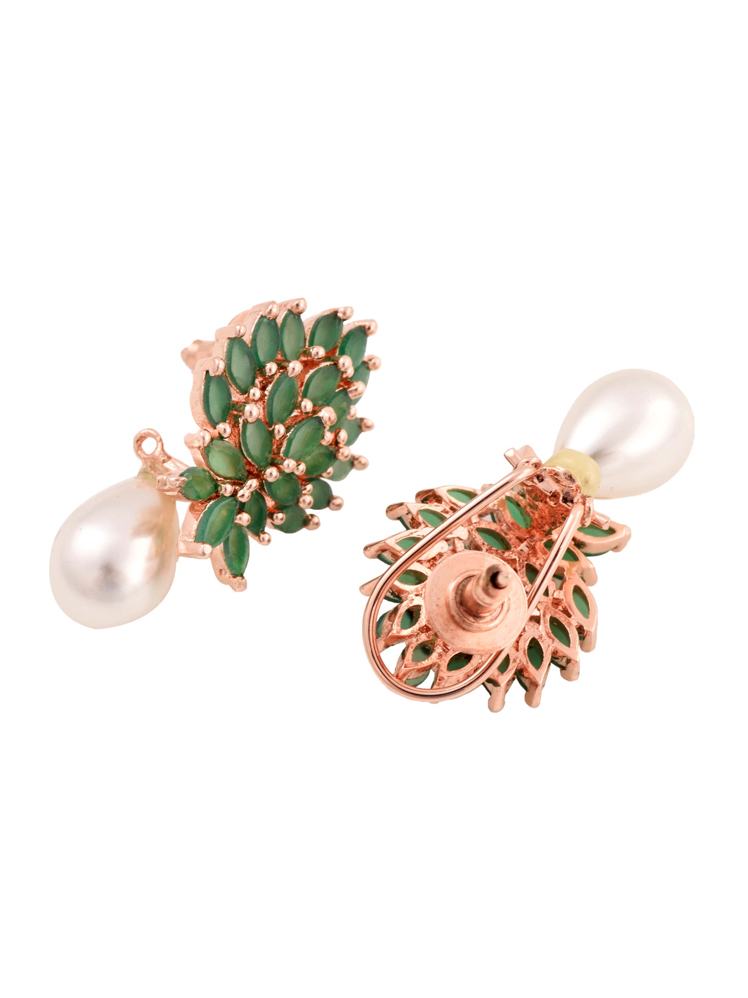 Rose Gold Plated Green AD Studded Luxourios Pearl Drop Earrings
