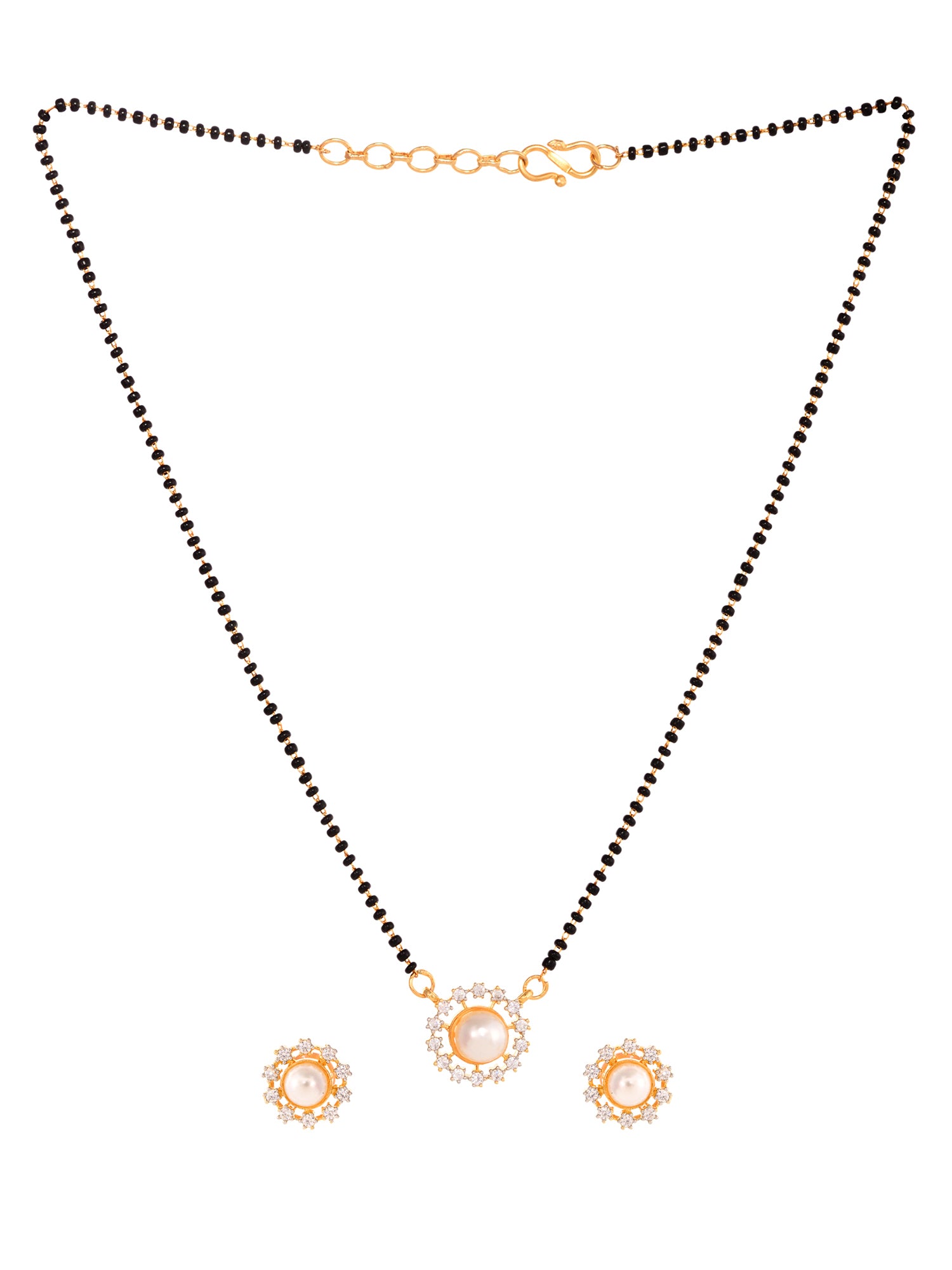 Gold Plated Black & White AD Studded & Beaded Mangalsutra Earrings