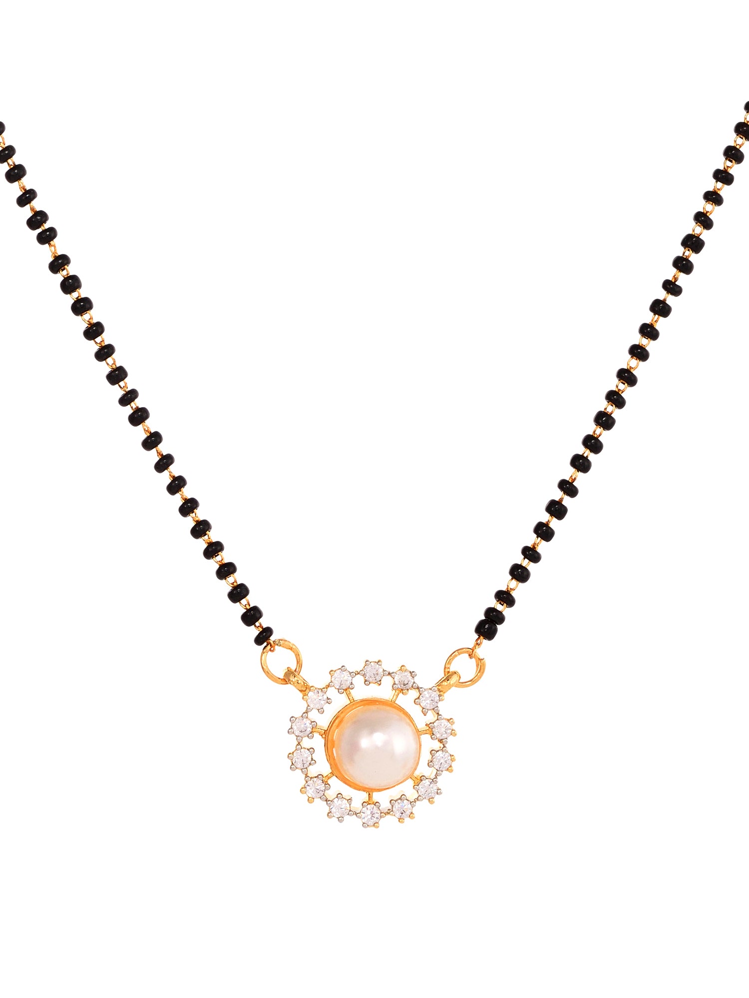 Gold Plated Black & White AD Studded & Beaded Mangalsutra Earrings