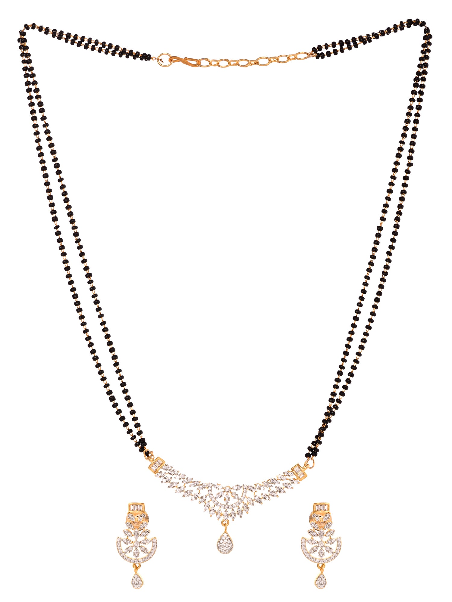 Gold Plated Black & White AD Studded & Beaded Mangalsutra Matching Earrings